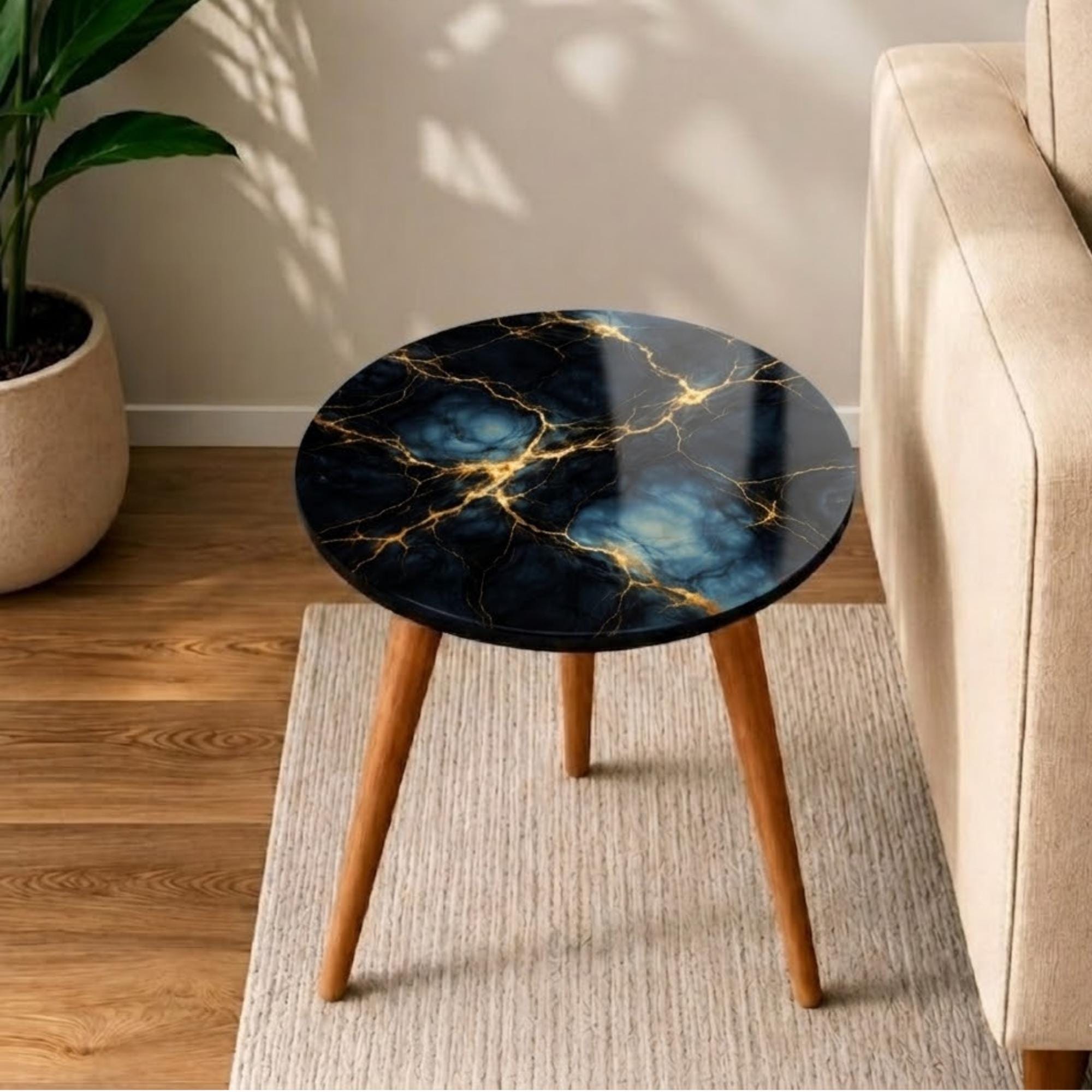 Printed Round Side Table | Glossy Black Marble Look Accent Table with Solid Mango Wood Legs, Handmade India for Living Room Decor & Gifting!