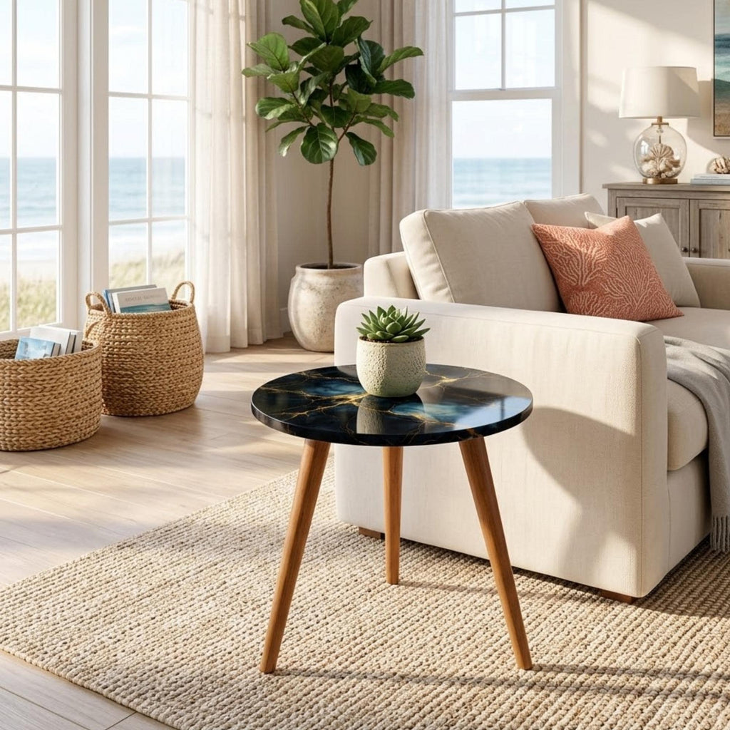 Printed Round Side Table | Glossy Black Marble Look Accent Table with Solid Mango Wood Legs, Handmade India for Living Room Decor & Gifting!