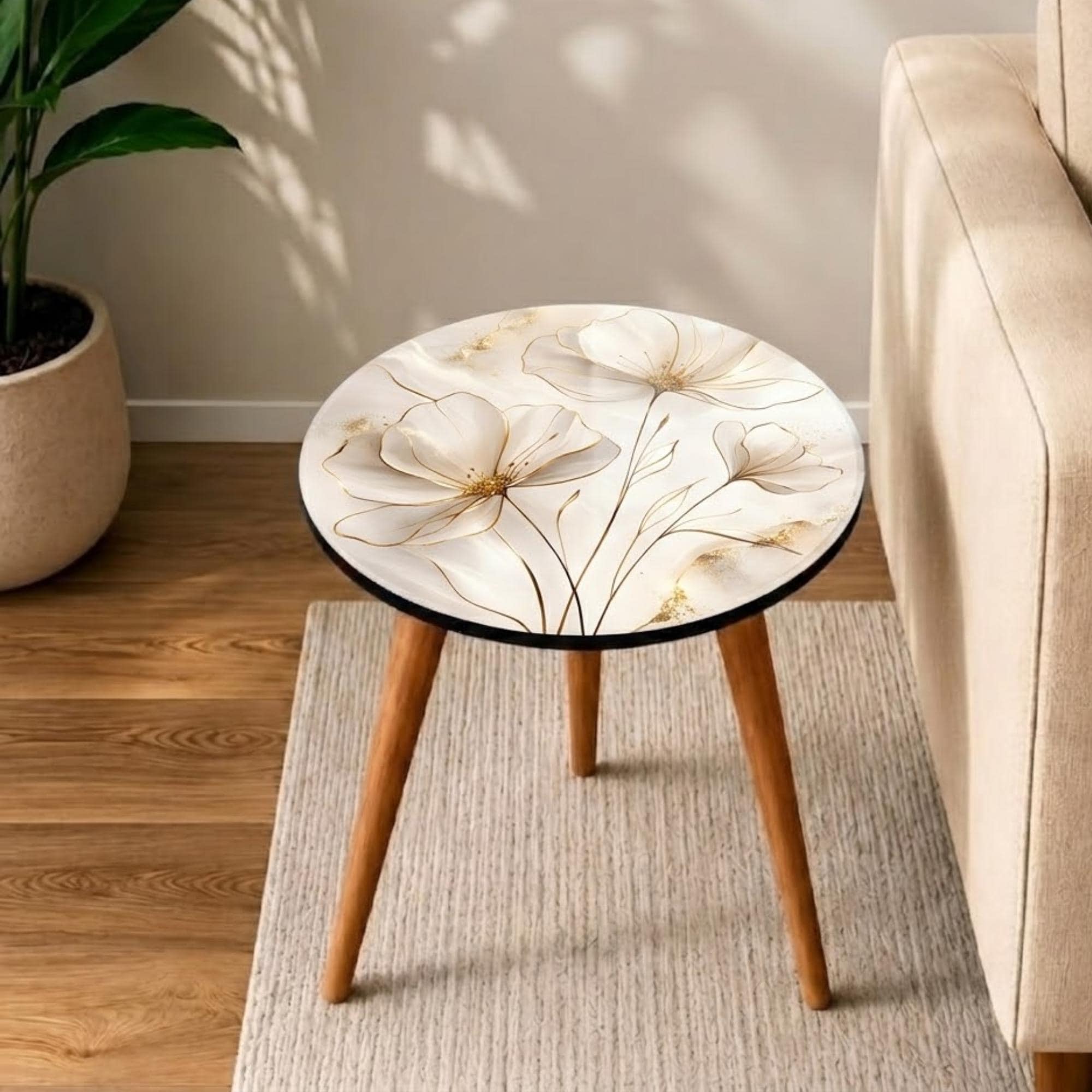 Printed Round Side Table, Floral Accent Table with Cream & Gold MDF Top, Gloss Lacquer, Mango Wood Legs, Handmade in India