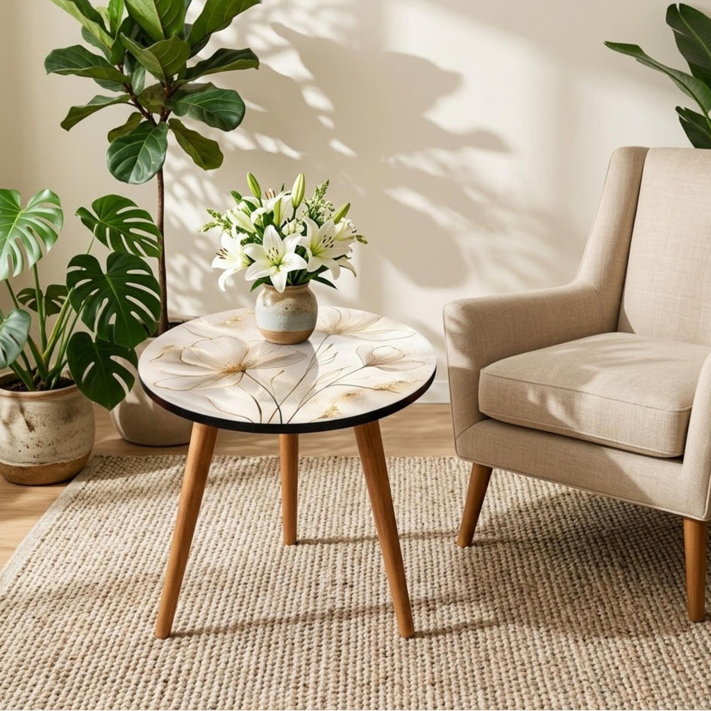Printed Round Side Table, Floral Accent Table with Cream & Gold MDF Top, Gloss Lacquer, Mango Wood Legs, Handmade in India