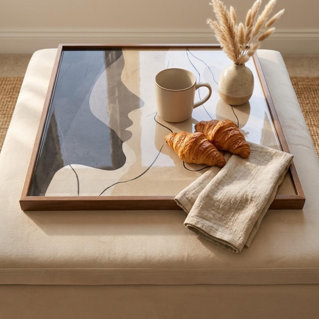 Square Serving Tray, Modern Ottoman Tray, Coffee Table Tray, Handmade Resin Wood Tray, Neutral Home Decor