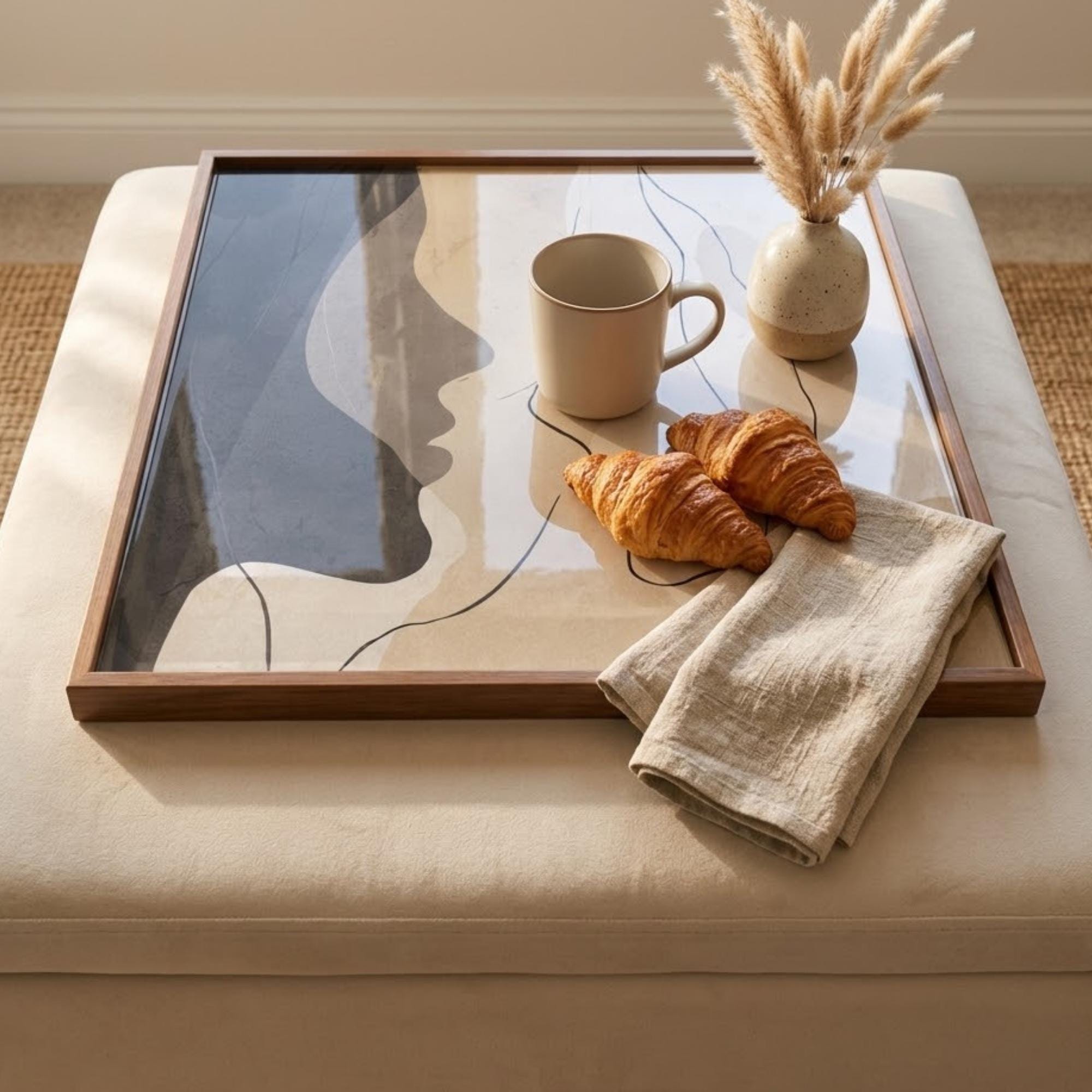 Square Serving Tray, Modern Ottoman Tray, Coffee Table Tray, Handmade Resin Wood Tray, Neutral Home Decor