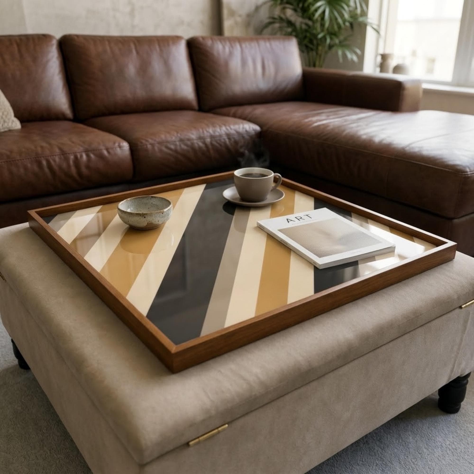 Square Serving Tray, Abstract Wood Tray, Ottoman Coffee Table Tray, Handmade Resin Art Tray, Modern Home Decor