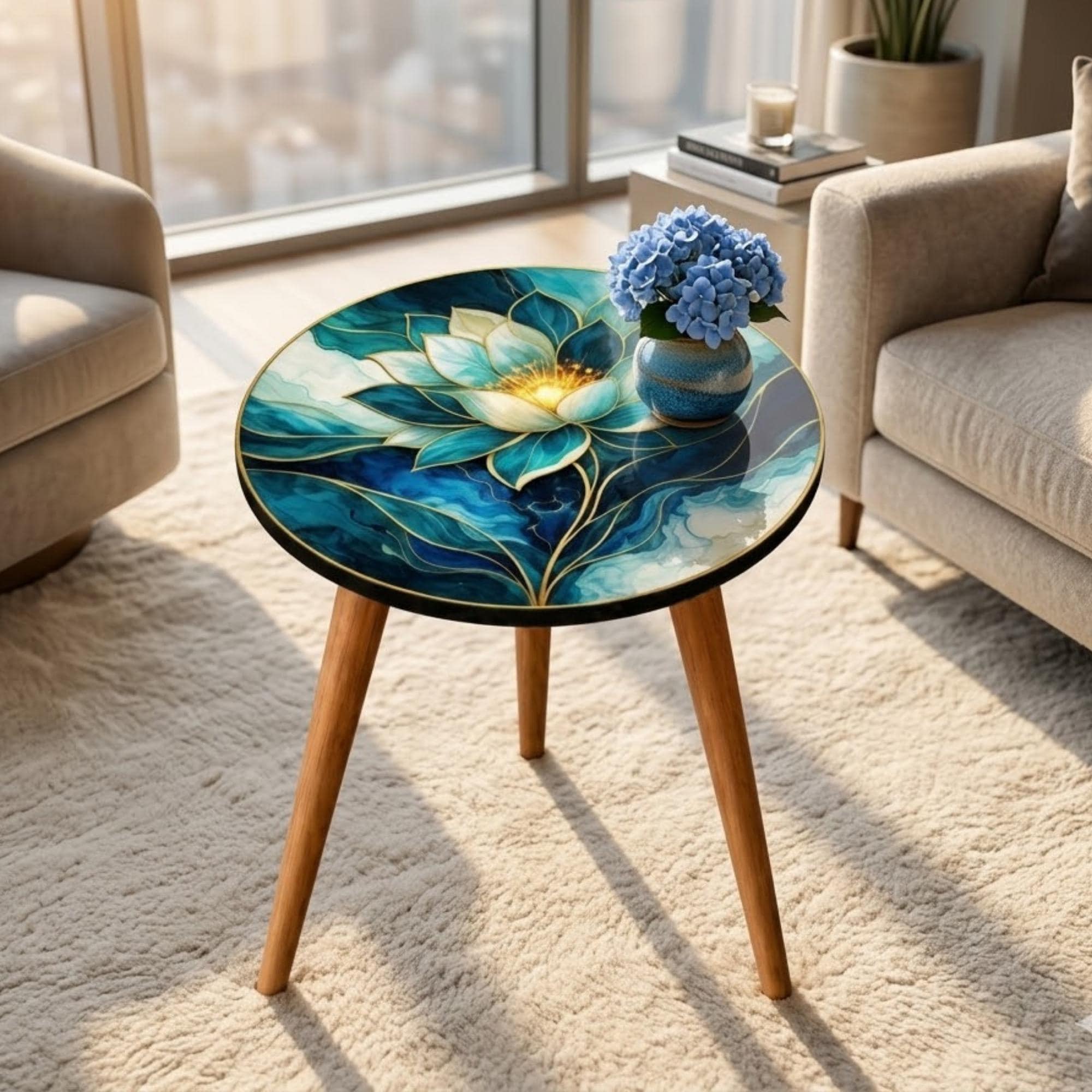 Blue Lotus Side Table | Printed Floral End Table | Handmade Accent Table | Botanical Living Room Decor | Unique Home Gift