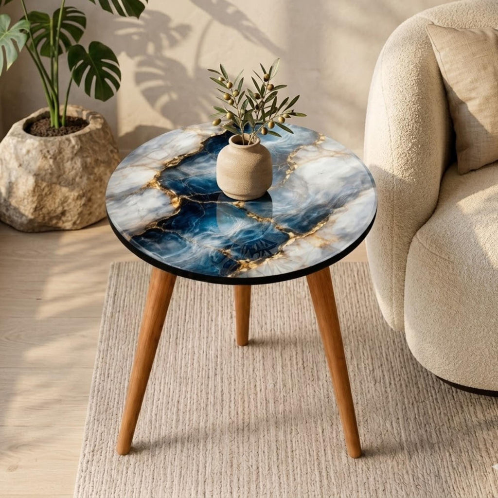 Round Side Table Blue Marble Accent Table, Handmade Luxury End Table with Mango Wood Legs, Modern Living Room Decor Gift