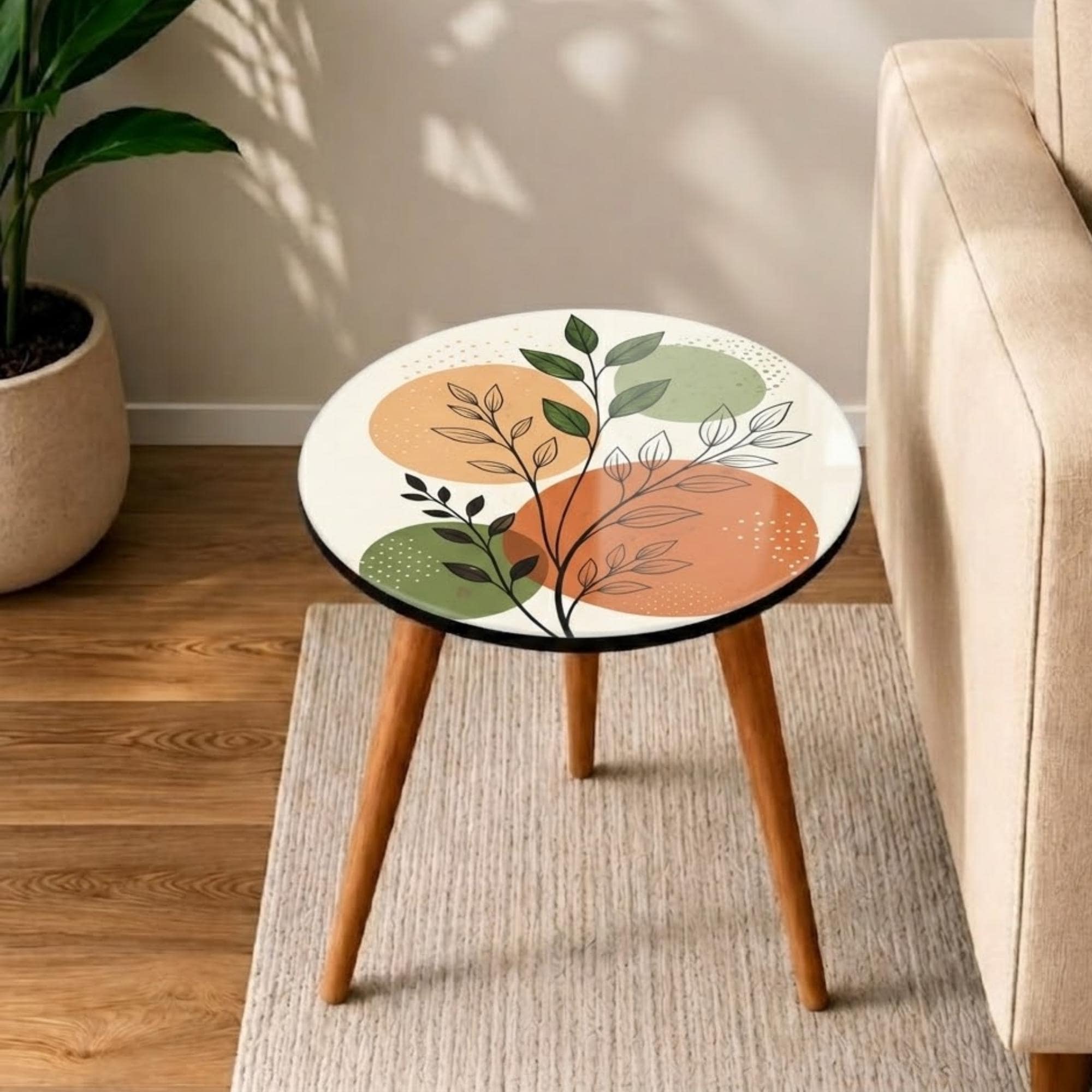 Round Side Table Handmade Accent Table, Botanical Print MDF Top, Mango Wood Legs, Japandi Living Room Decor, Housewarming Gift
