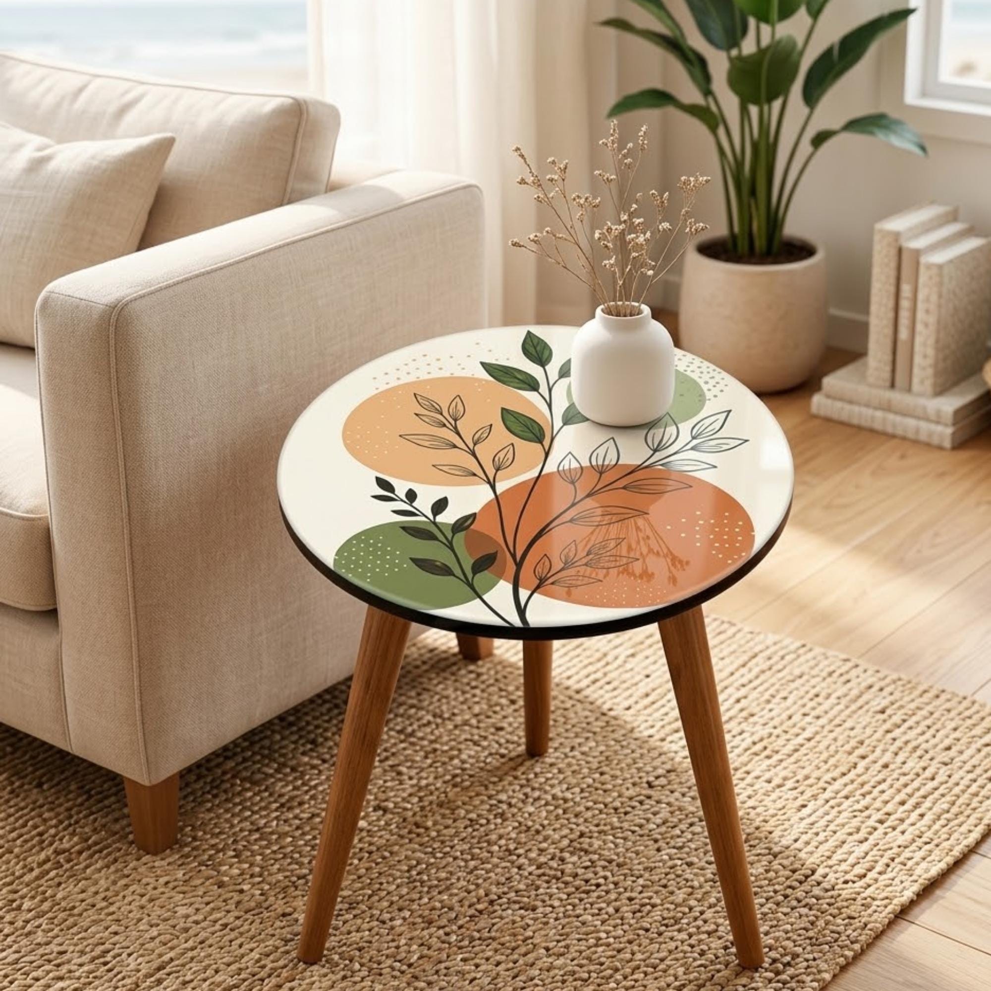 Round Side Table Handmade Accent Table, Botanical Print MDF Top, Mango Wood Legs, Japandi Living Room Decor, Housewarming Gift