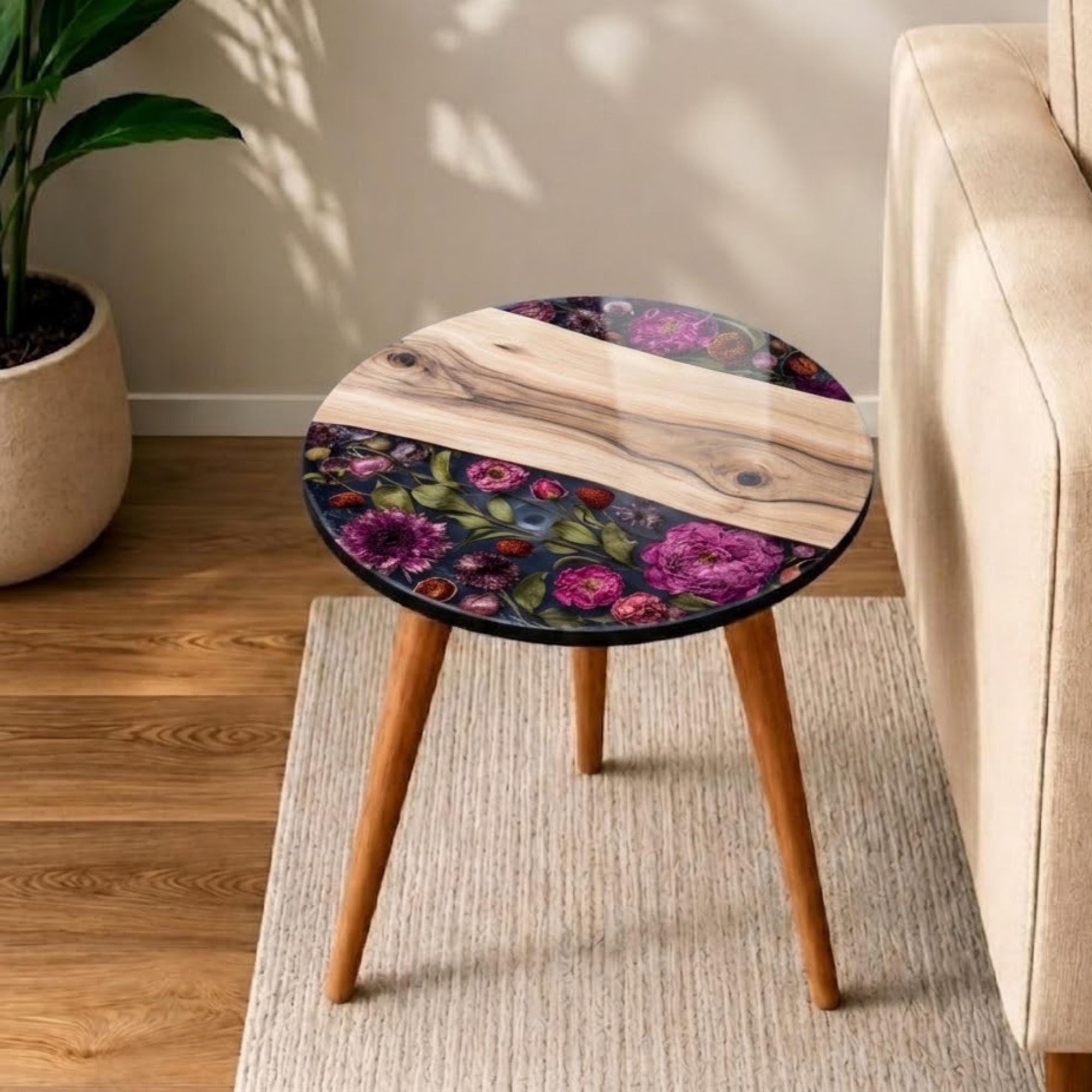 Round Side Table Floral Printed Accent Table, Glossy MDF Top, Mango Wood Legs, Custom Handmade in India, Living Room Decor