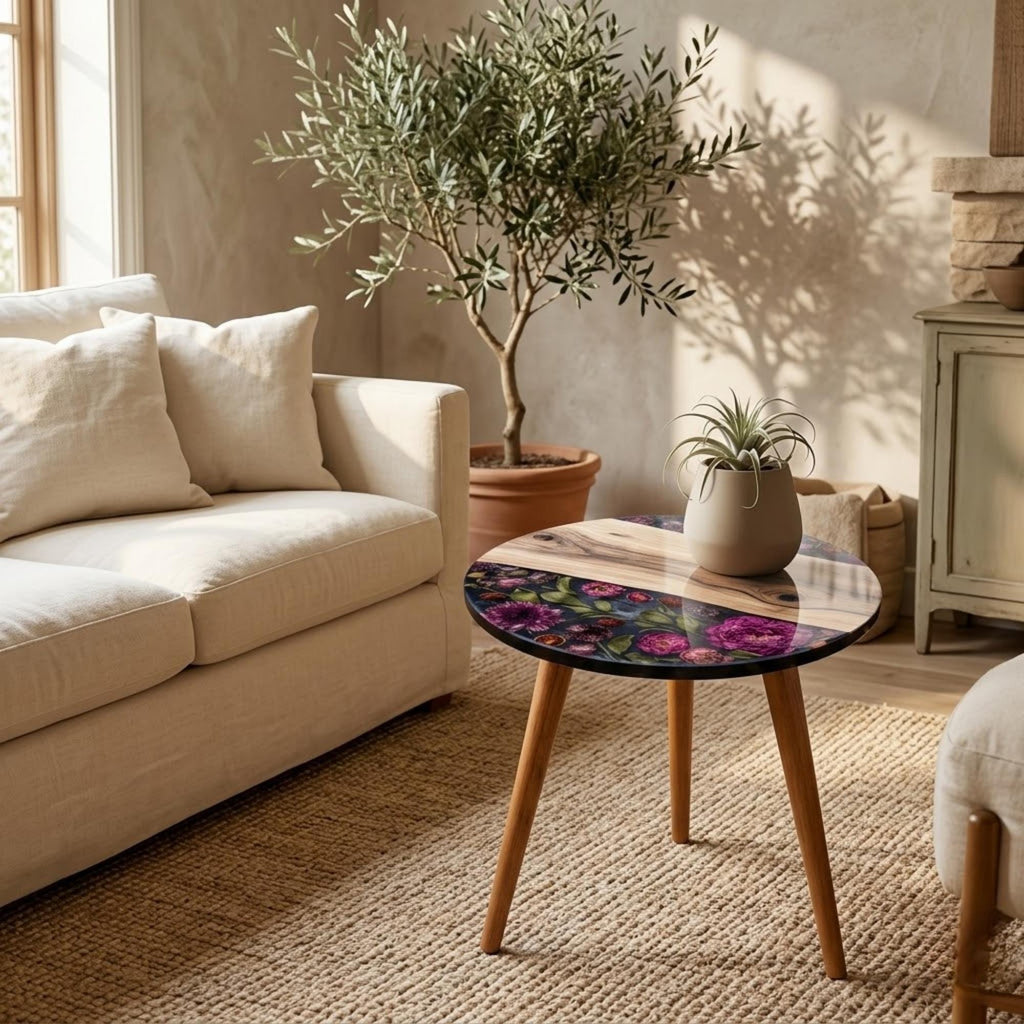 Round Side Table Floral Printed Accent Table, Glossy MDF Top, Mango Wood Legs, Custom Handmade in India, Living Room Decor