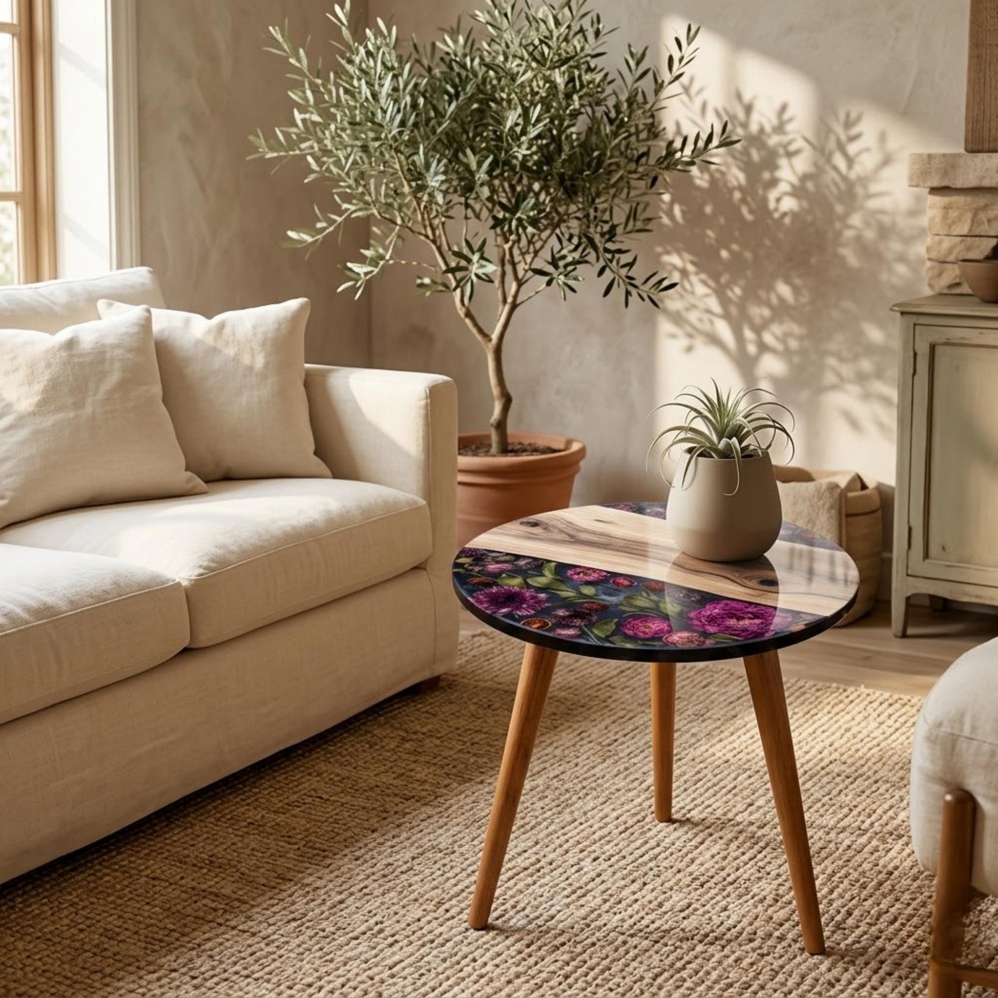 Round Side Table Floral Printed Accent Table, Glossy MDF Top, Mango Wood Legs, Custom Handmade in India, Living Room Decor