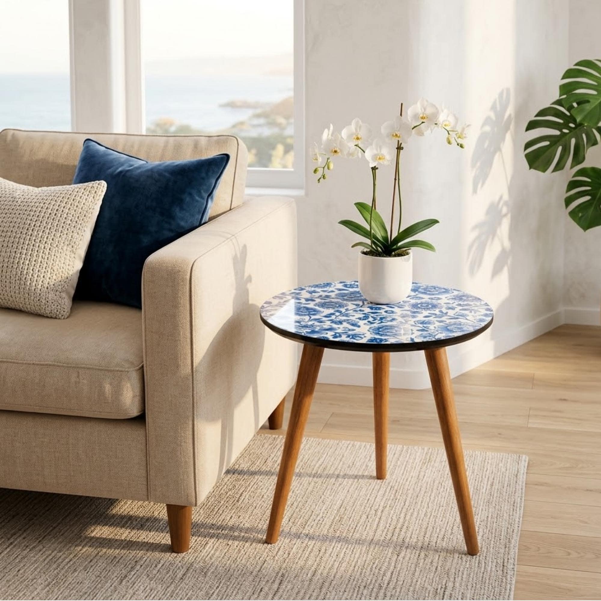 Cottagecore Blue Floral Round Accent Table — Glossy Printed MDF Top, Mango Wood Legs — Handmade Living Room End Table, Housewarming Gift