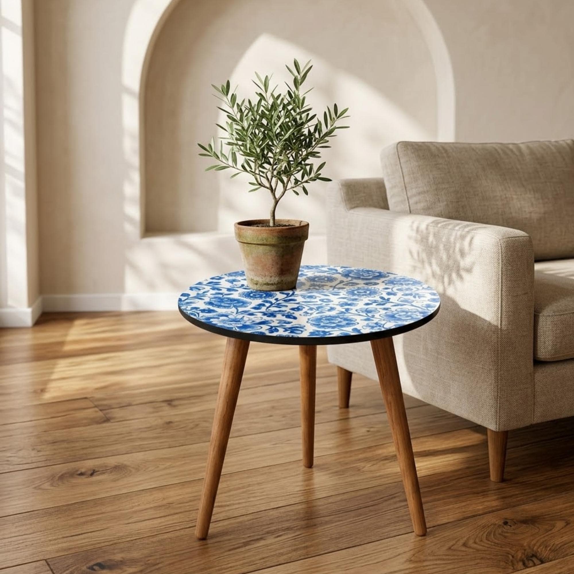 Cottagecore Blue Floral Round Accent Table — Glossy Printed MDF Top, Mango Wood Legs — Handmade Living Room End Table, Housewarming Gift