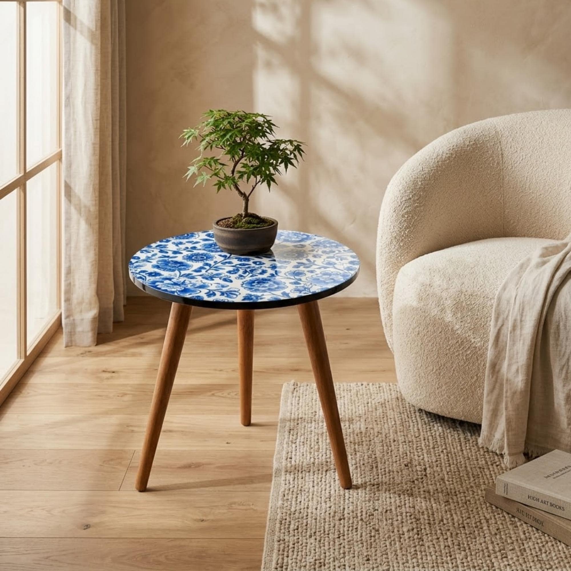 Cottagecore Blue Floral Round Accent Table — Glossy Printed MDF Top, Mango Wood Legs — Handmade Living Room End Table, Housewarming Gift