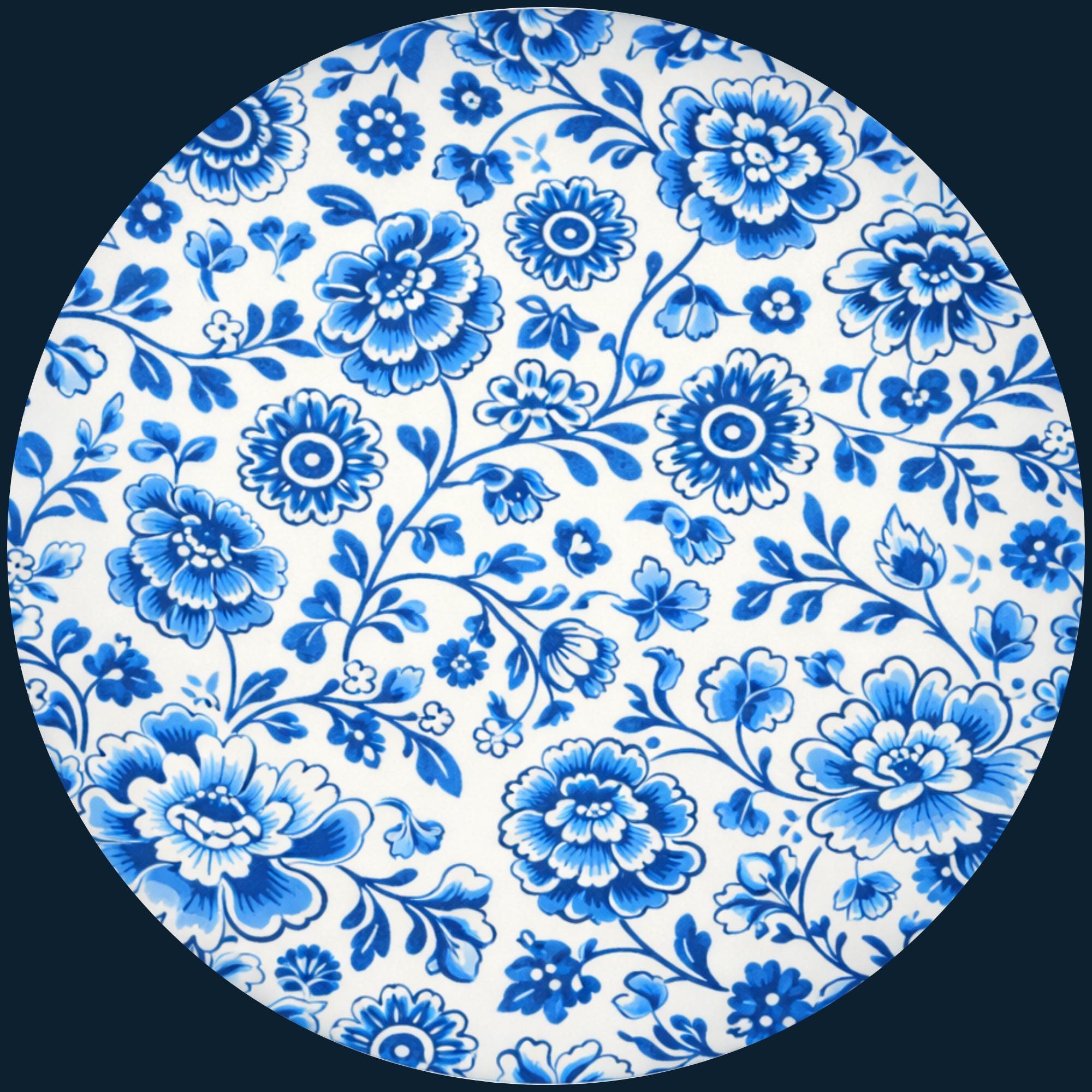 Cottagecore Blue Floral Round Accent Table — Glossy Printed MDF Top, Mango Wood Legs — Handmade Living Room End Table, Housewarming Gift