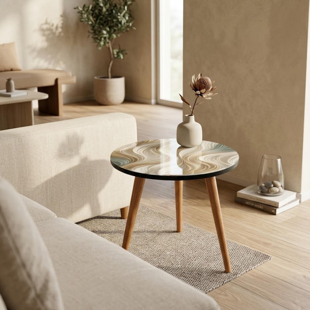 Round Side Table Abstract Wave Accent Table Neutral Beige Decor Printed MDF Top Glossy Lacquer Finish Solid Mango Wood Modern Organic Home