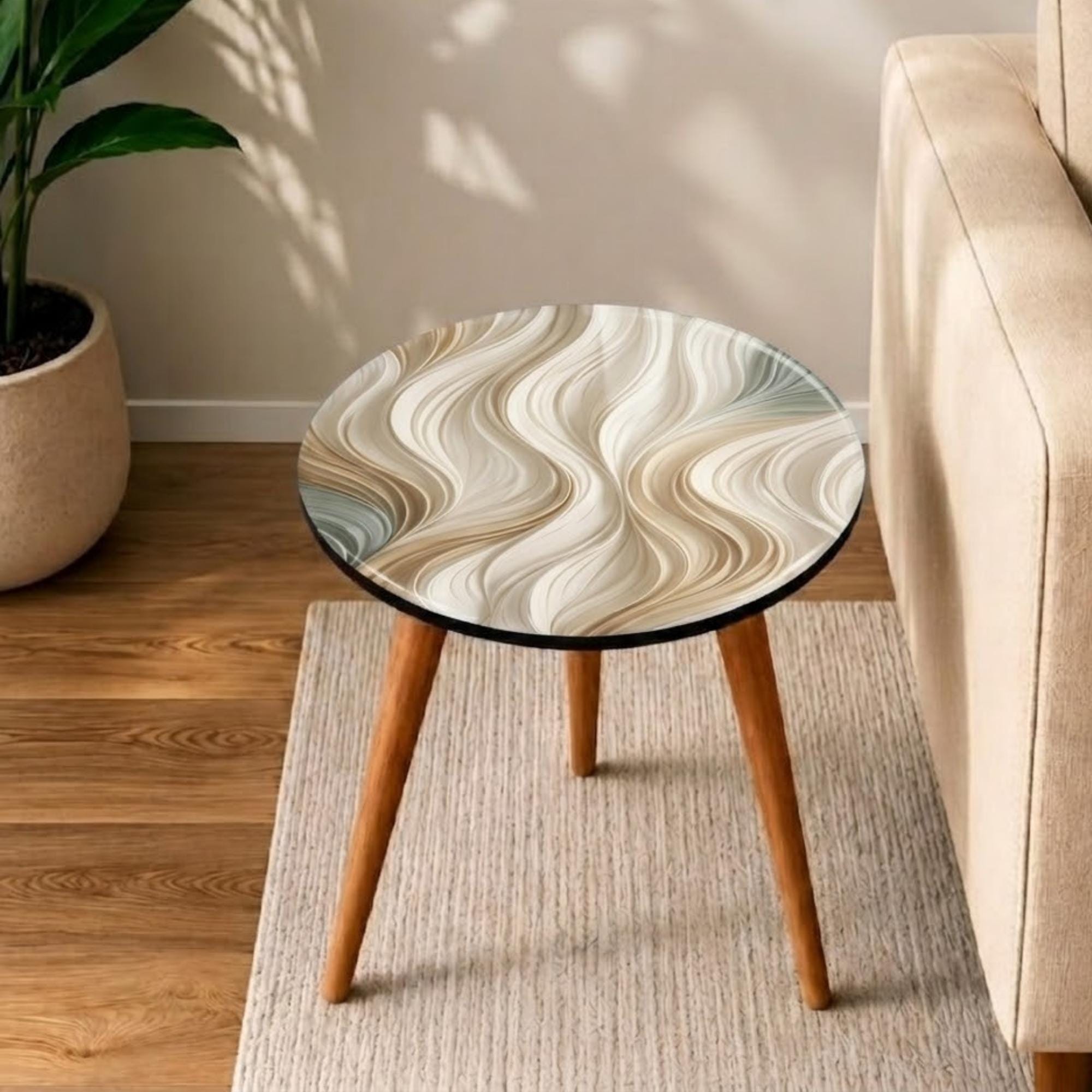 Round Side Table Abstract Wave Accent Table Neutral Beige Decor Printed MDF Top Glossy Lacquer Finish Solid Mango Wood Modern Organic Home