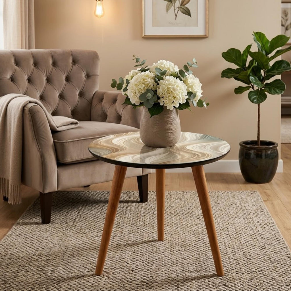 Round Side Table Abstract Wave Accent Table Neutral Beige Decor Printed MDF Top Glossy Lacquer Finish Solid Mango Wood Modern Organic Home