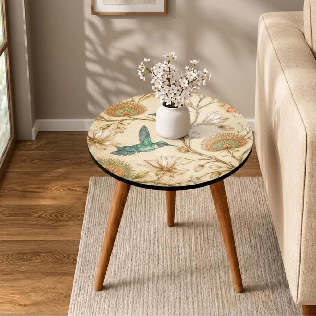Handmade Mango Wood Side Table |Round Side Table Coastal Accent Table, Hummingbird Floral Botanical Accent Table