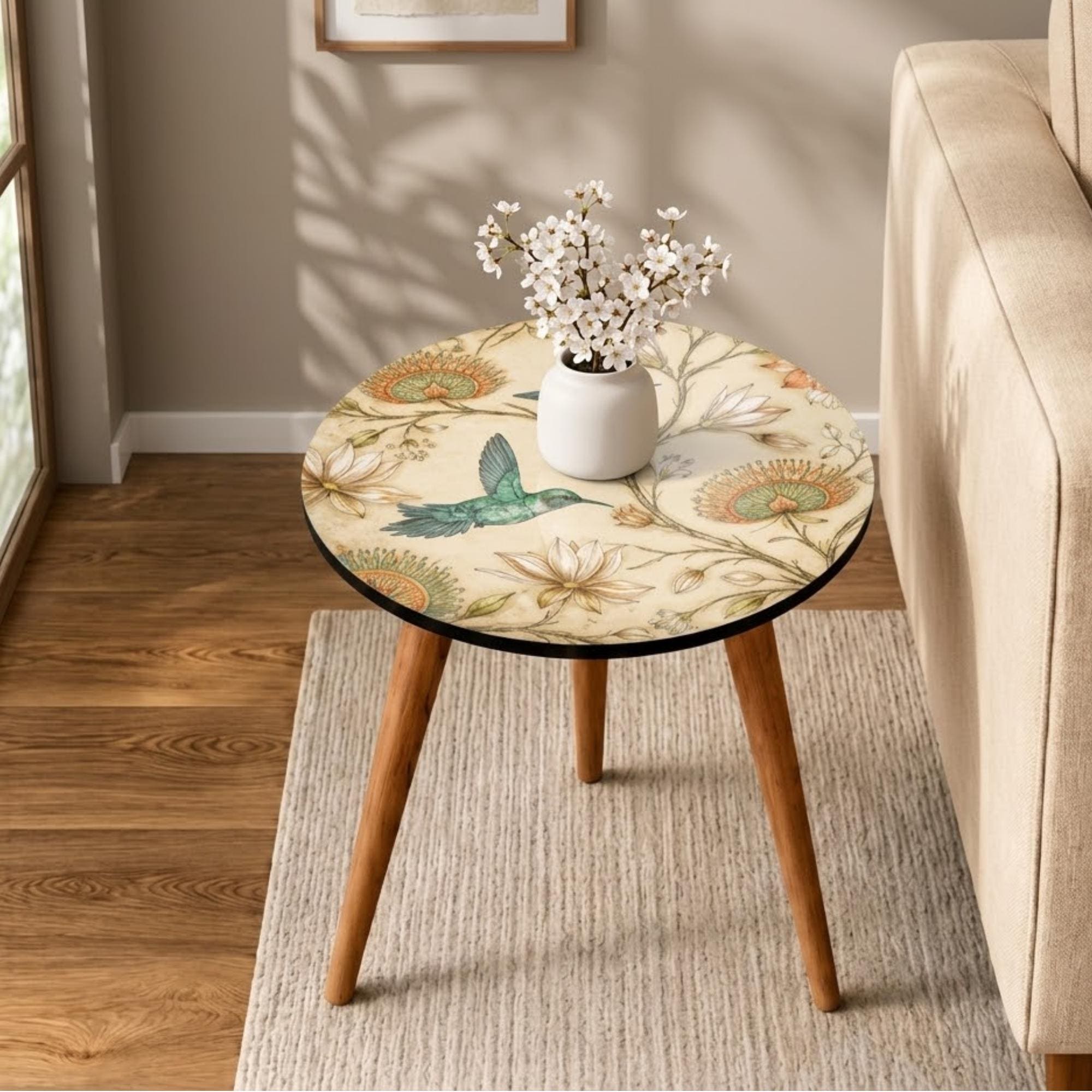 Handmade Mango Wood Side Table |Round Side Table Coastal Accent Table, Hummingbird Floral Botanical Accent Table