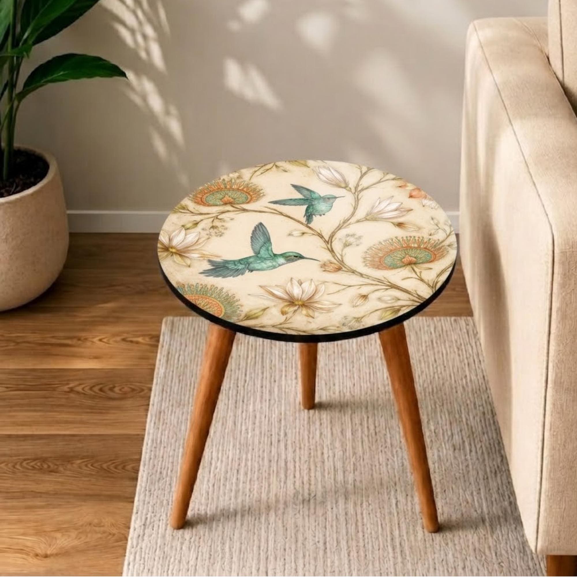 Handmade Mango Wood Side Table |Round Side Table Coastal Accent Table, Hummingbird Floral Botanical Accent Table