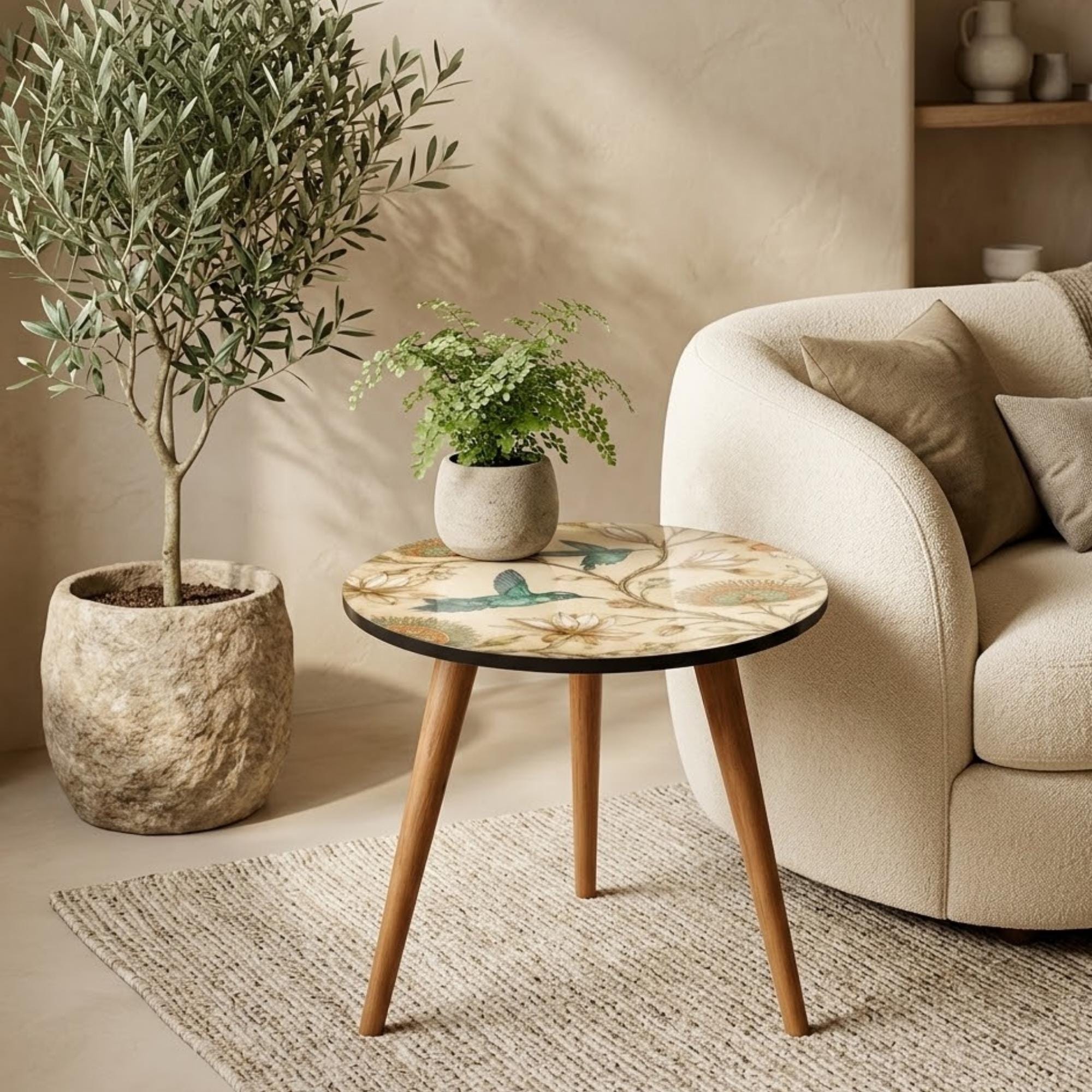 Handmade Mango Wood Side Table |Round Side Table Coastal Accent Table, Hummingbird Floral Botanical Accent Table