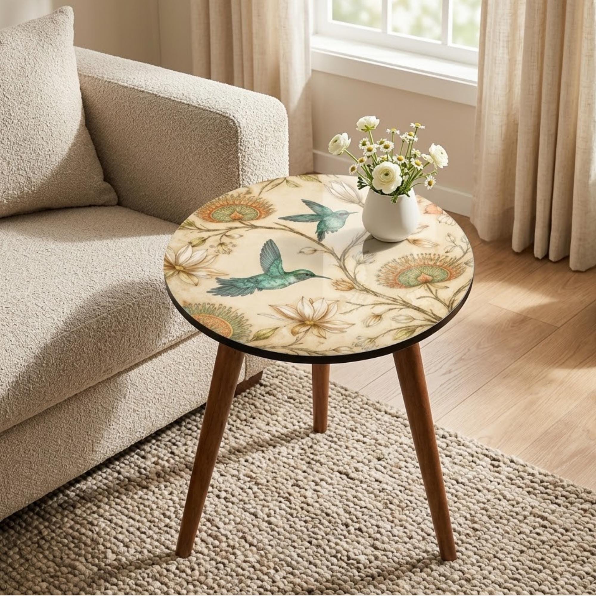 Handmade Mango Wood Side Table |Round Side Table Coastal Accent Table, Hummingbird Floral Botanical Accent Table