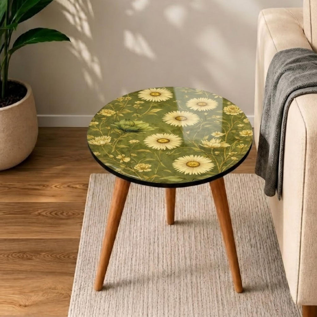 Round Side Table Floral Printed MDF Accent Table, Mango Wood Legs, Gloss Lacquer Finish, Boho Living Room Decor, Handmade in India for Home!
