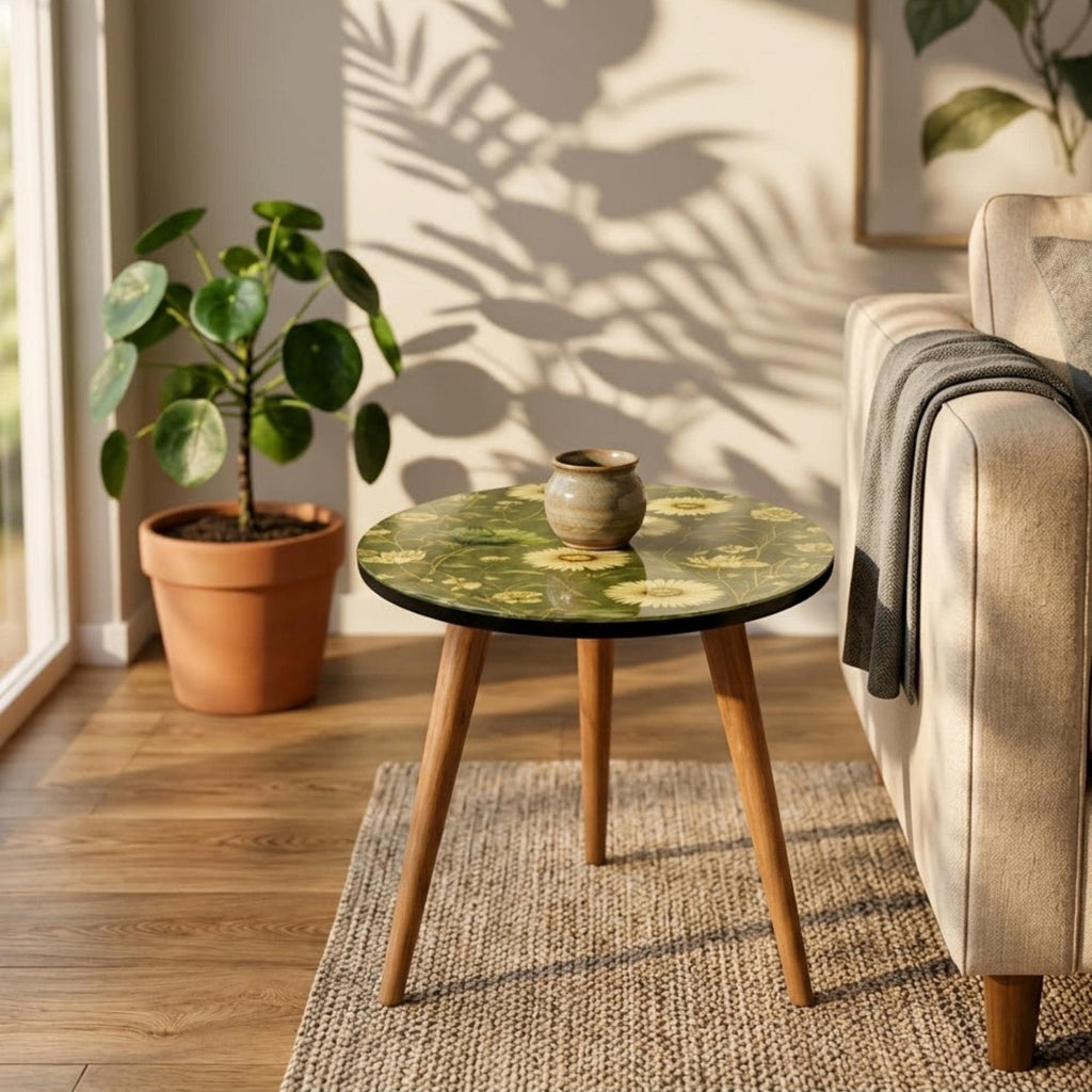 Round Side Table Floral Printed MDF Accent Table, Mango Wood Legs, Gloss Lacquer Finish, Boho Living Room Decor, Handmade in India for Home!