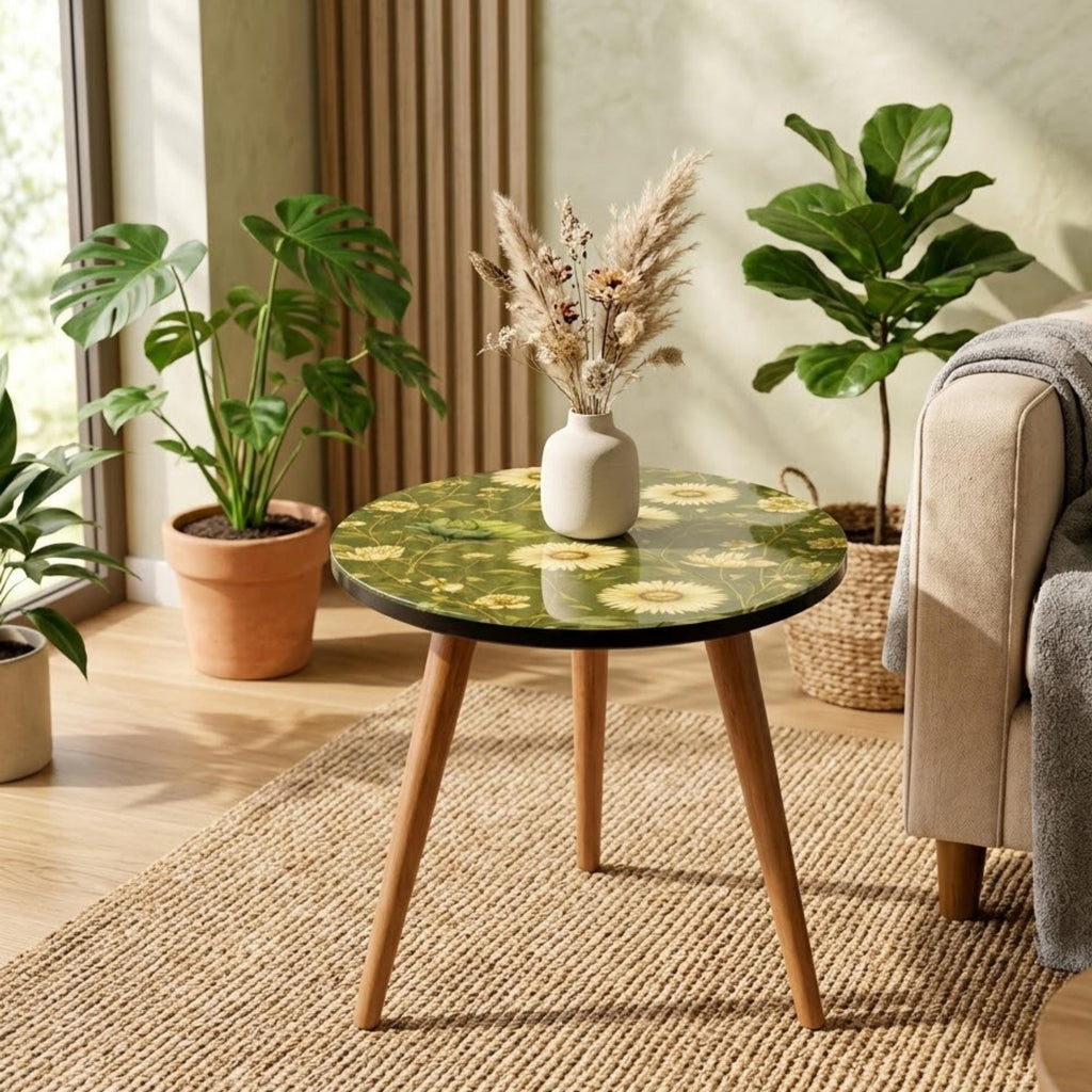 Round Side Table Floral Printed MDF Accent Table, Mango Wood Legs, Gloss Lacquer Finish, Boho Living Room Decor, Handmade in India for Home!