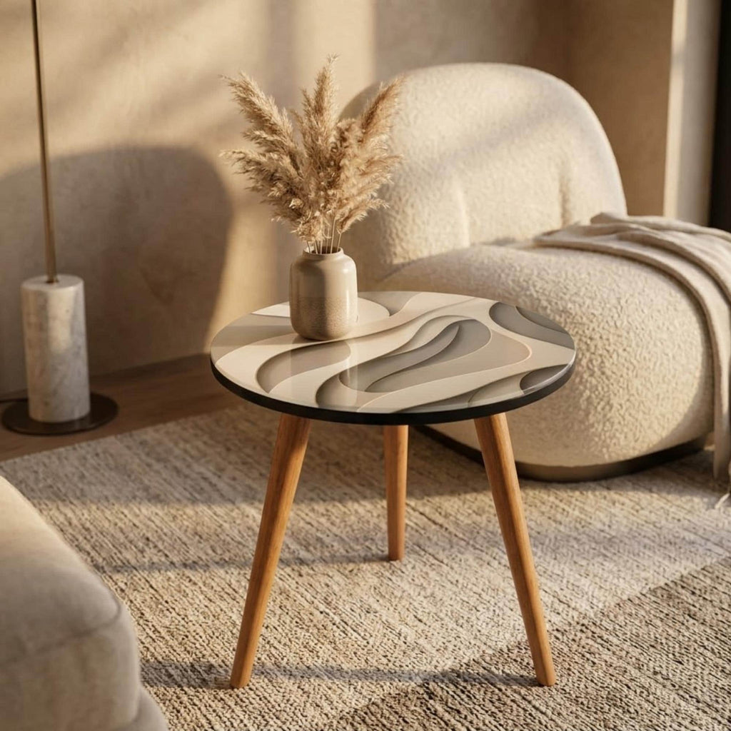 Printed Round Side Table, Abstract Wave Accent Table, Printed MDF Top with Gloss Lacquer, Solid Mango Wood Legs, Handmade India, Living Room