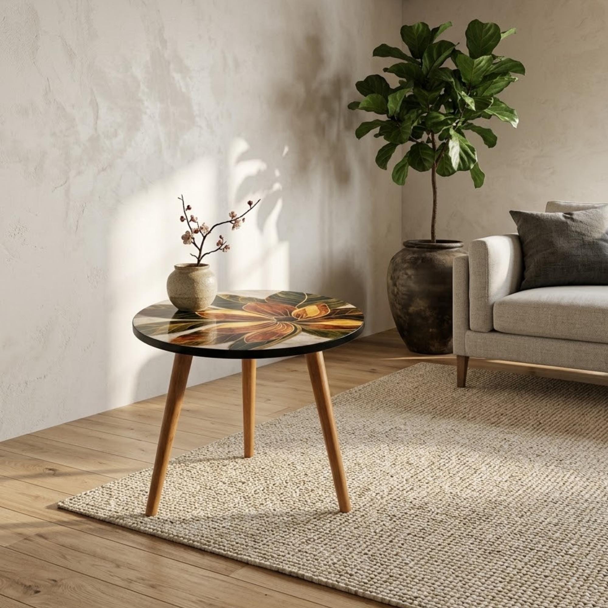 Printed Round Floral Side Table | Floral MDF Accent Table, Mango Wood Legs, Gloss Lacquer Finish, Handmade in India, Home Decor Living Room!