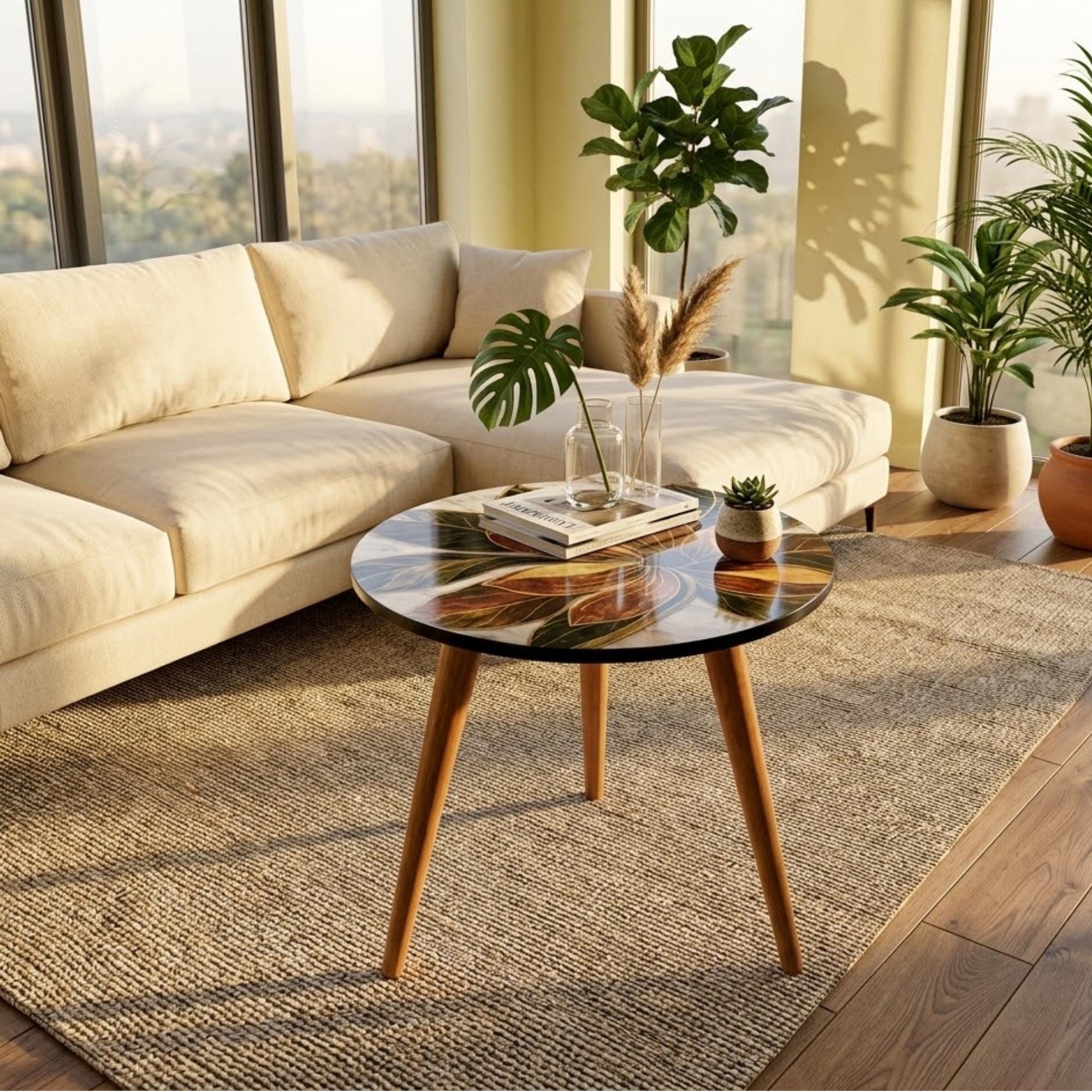 Printed Round Floral Side Table | Floral MDF Accent Table, Mango Wood Legs, Gloss Lacquer Finish, Handmade in India, Home Decor Living Room!