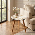 Printed Round Side Table, Floral Accent Table with Cream & Gold MDF Top, Gloss Lacquer, Mango Wood Legs, Handmade in India