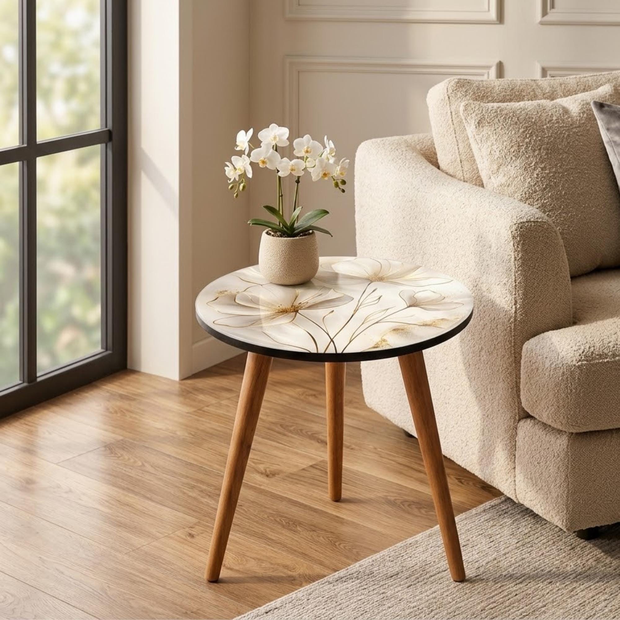 Printed Round Side Table, Floral Accent Table with Cream & Gold MDF Top, Gloss Lacquer, Mango Wood Legs, Handmade in India