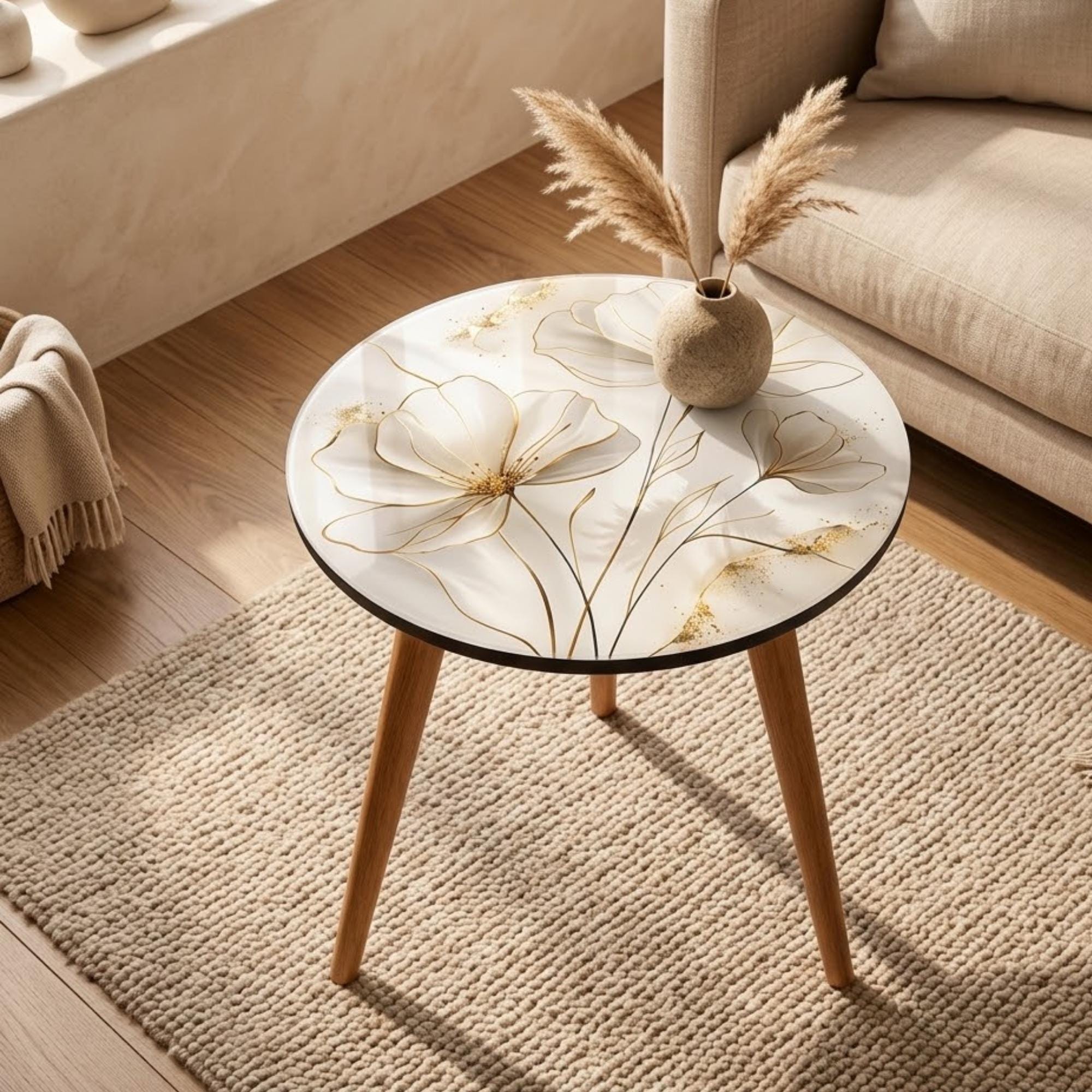 Printed Round Side Table, Floral Accent Table with Cream & Gold MDF Top, Gloss Lacquer, Mango Wood Legs, Handmade in India