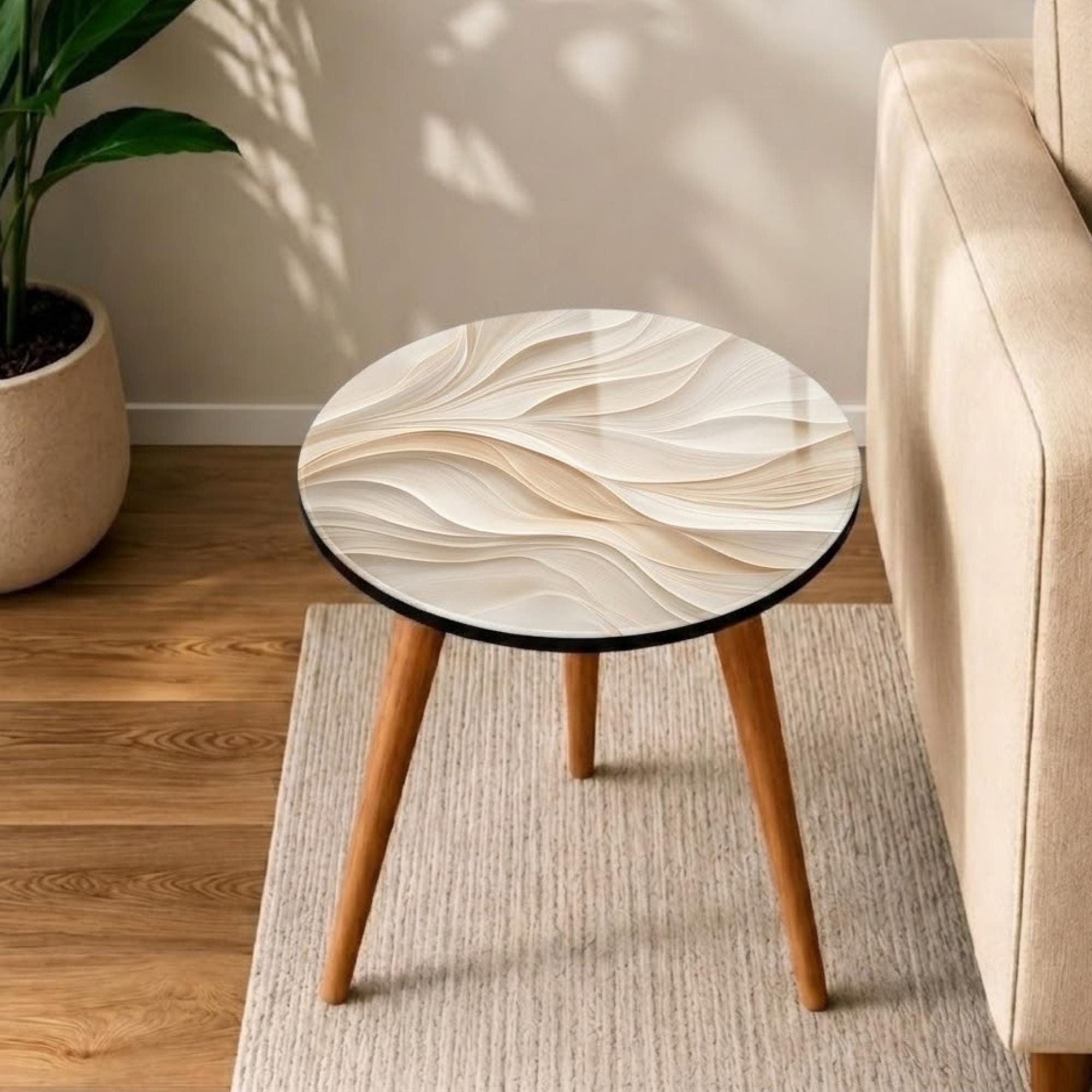 Round Side Table, Abstract Wave Printed MDF Accent Table, High-Gloss Lacquer Finish, Mango Wood Legs, Handmade in India, Living Room Decor