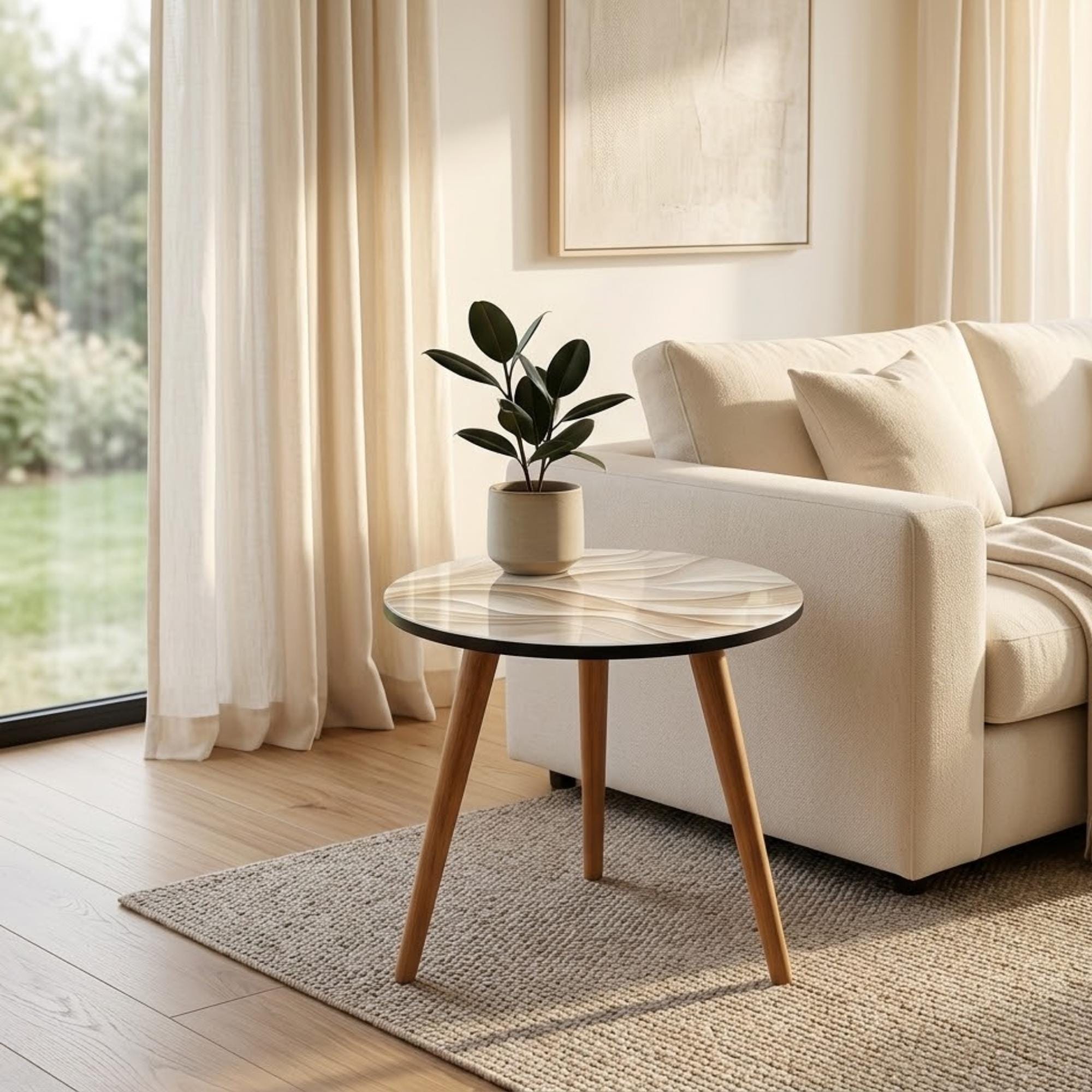 Round Side Table, Abstract Wave Printed MDF Accent Table, High-Gloss Lacquer Finish, Mango Wood Legs, Handmade in India, Living Room Decor