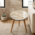 Round Side Table, Abstract Wave Printed MDF Accent Table, High-Gloss Lacquer Finish, Mango Wood Legs, Handmade in India, Living Room Decor