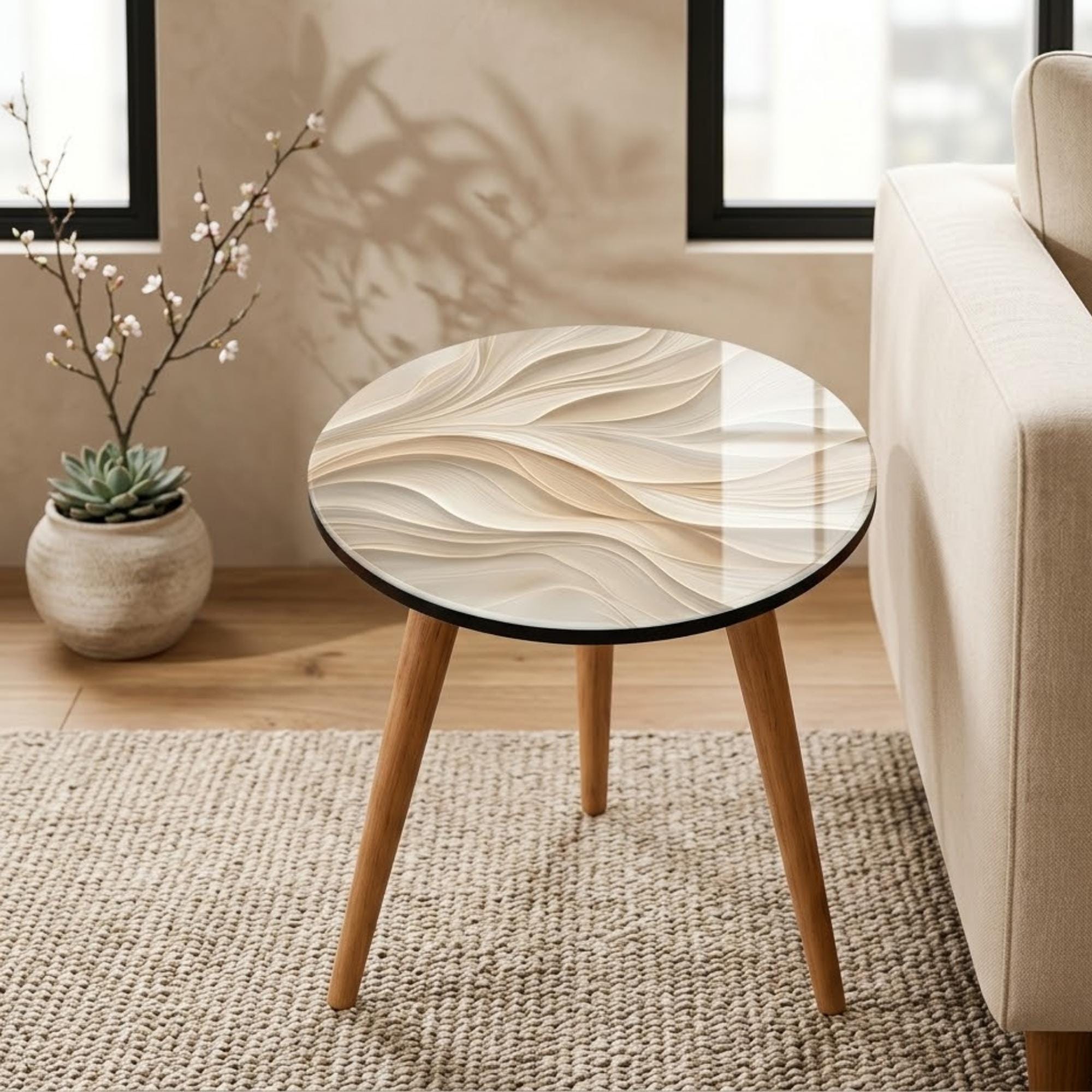 Round Side Table, Abstract Wave Printed MDF Accent Table, High-Gloss Lacquer Finish, Mango Wood Legs, Handmade in India, Living Room Decor