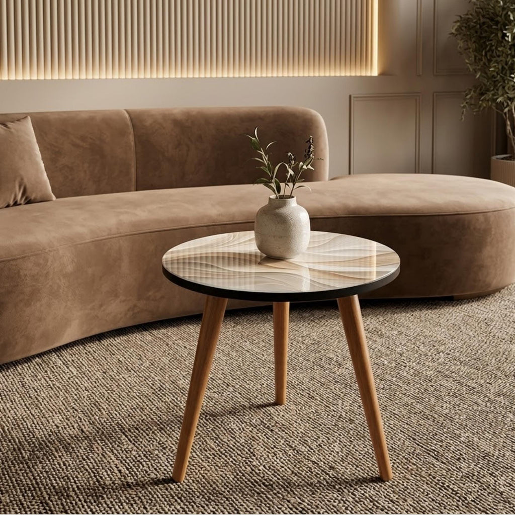 Round Side Table, Abstract Wave Printed MDF Accent Table, High-Gloss Lacquer Finish, Mango Wood Legs, Handmade in India, Living Room Decor