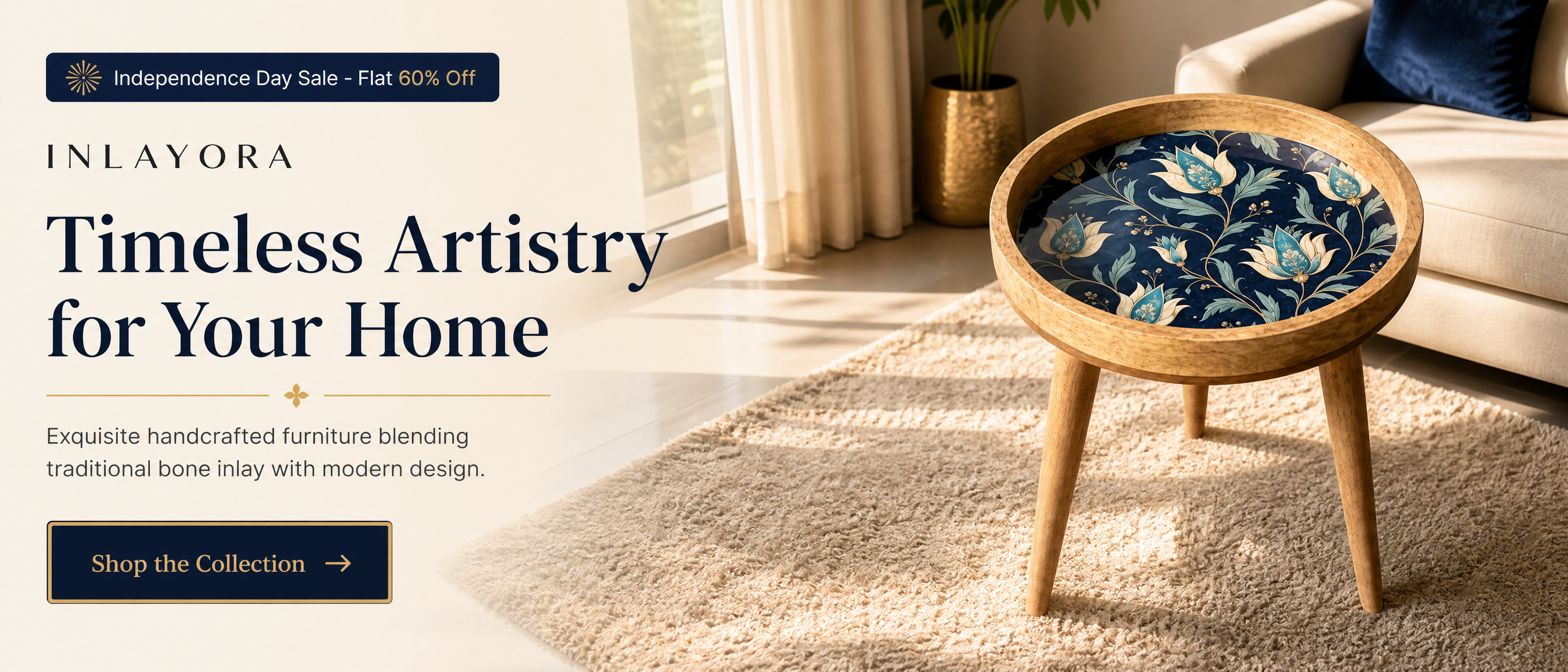 A round wooden side table with a blue floral-patterned cushion sits in a bright living room next to a cream sofa and rug. Promotional text for INLAYORA appears on the left, including 'Timeless Artistry for Your Home' and a sale banner.